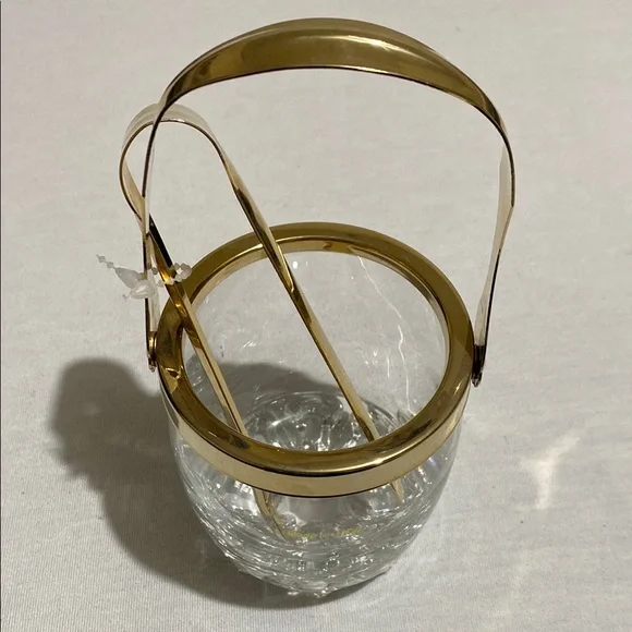 Small Crystal Ice Bucket with Gold Color Metal Trim and Ice Tong Made in Italy - Picture 7 of 10